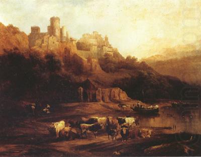 Herd of Cattle Resting on a Riverbank in Front of a Castle (mk22), Jenaro Perez Villaamil